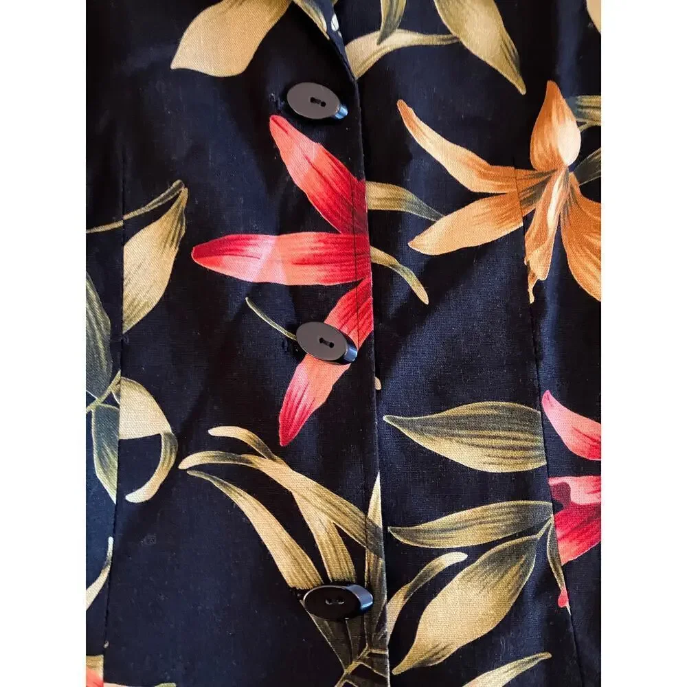 NWT Le Suit Black Tropical Floral Linen Blend Blazer Jacket Size 10